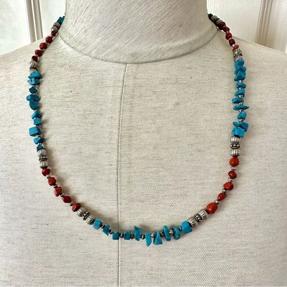 Red jasper and howlite silver beaded necklace